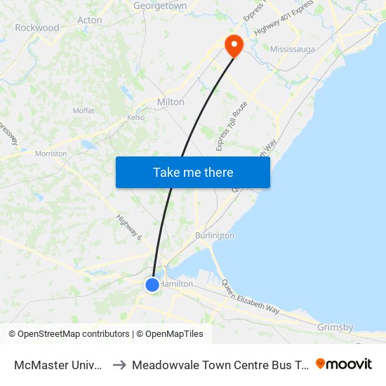McMaster University to Meadowvale Town Centre Bus Terminal map
