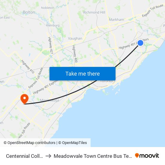 Centennial College to Meadowvale Town Centre Bus Terminal map