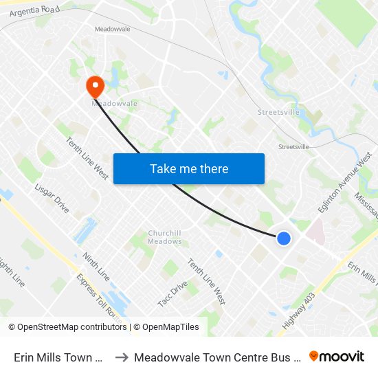Erin Mills Town Centre to Meadowvale Town Centre Bus Terminal map