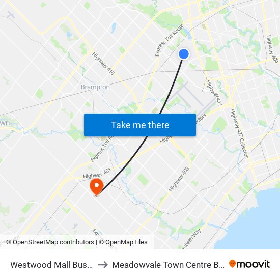 Westwood Mall Bus Terminal to Meadowvale Town Centre Bus Terminal map