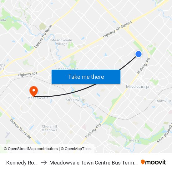 Kennedy Road to Meadowvale Town Centre Bus Terminal map