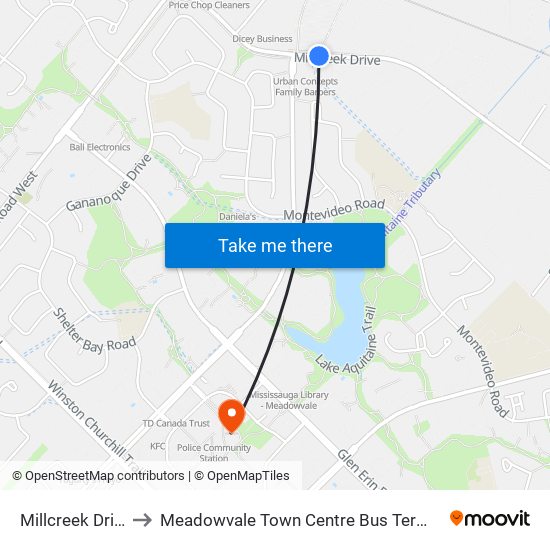 Millcreek Drive to Meadowvale Town Centre Bus Terminal map