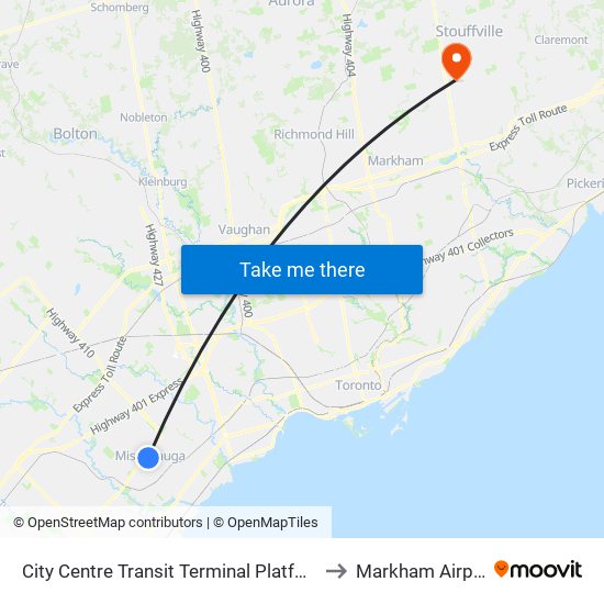 City Centre Transit Terminal Platform K to Markham Airport map