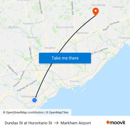 Dundas St at Hurontario St to Markham Airport map