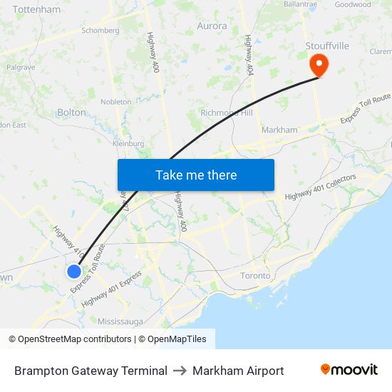 Brampton Gateway Terminal to Markham Airport map