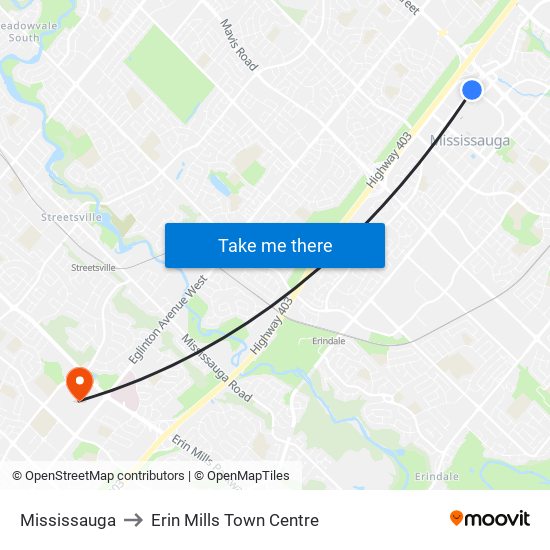 Mississauga to Erin Mills Town Centre map