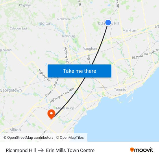 Richmond Hill to Erin Mills Town Centre map