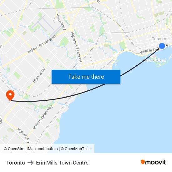 Toronto to Erin Mills Town Centre map