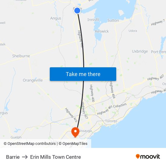 Barrie to Erin Mills Town Centre map
