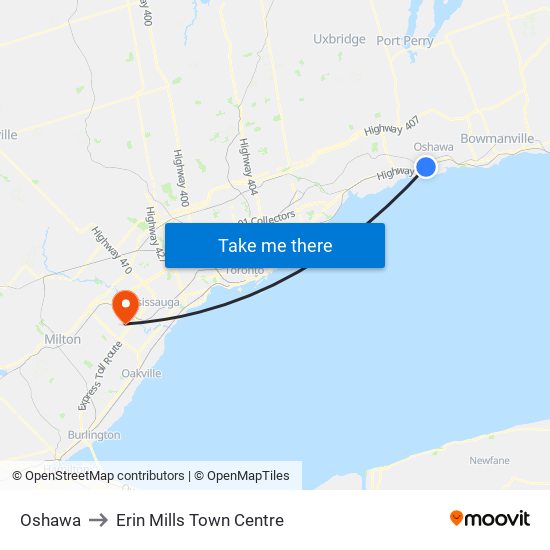 Oshawa to Erin Mills Town Centre map