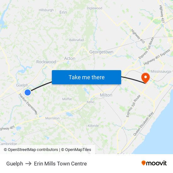 Guelph to Erin Mills Town Centre map