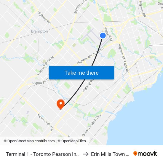 Terminal 1 - Toronto Pearson Int'L Airport to Erin Mills Town Centre map