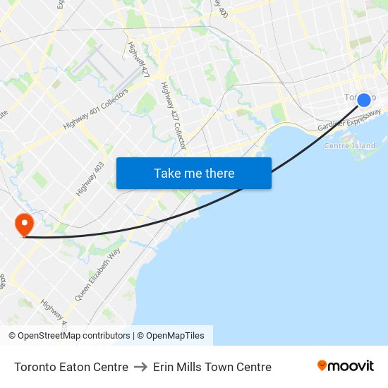 Toronto Eaton Centre to Erin Mills Town Centre map