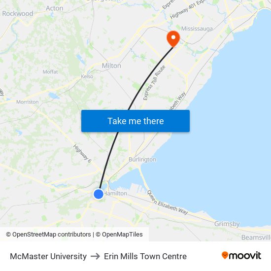 McMaster University to Erin Mills Town Centre map