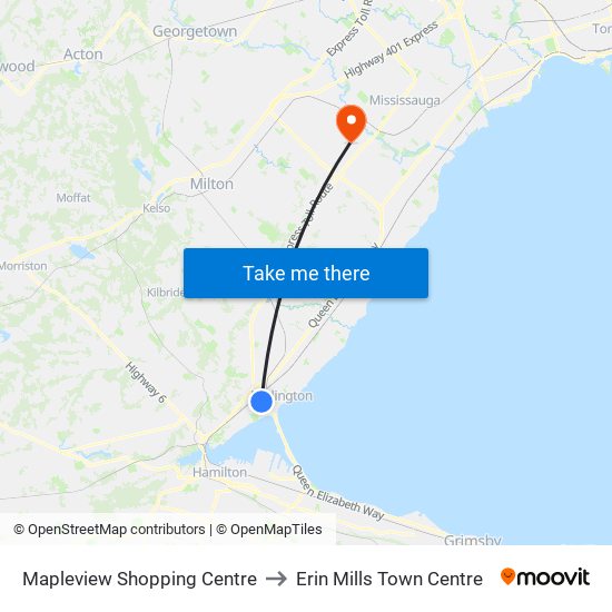 Mapleview Shopping Centre to Erin Mills Town Centre map