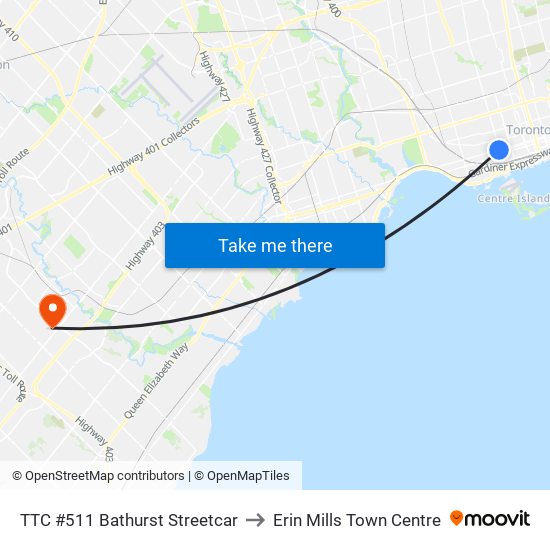 TTC #511 Bathurst Streetcar to Erin Mills Town Centre map