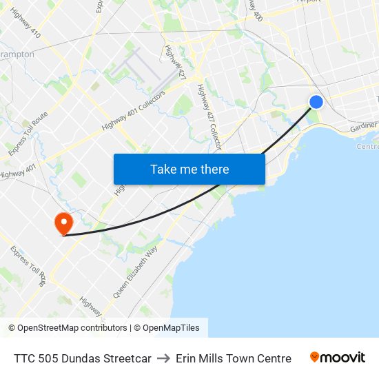 TTC 505 Dundas Streetcar to Erin Mills Town Centre map