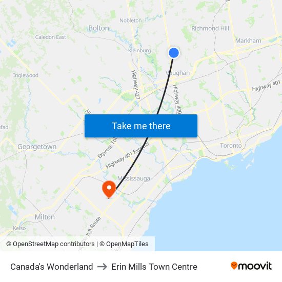 Canada's Wonderland to Erin Mills Town Centre map