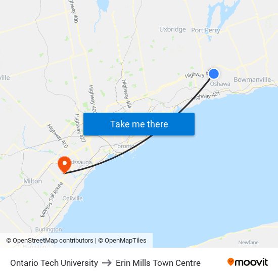 Ontario Tech University to Erin Mills Town Centre map