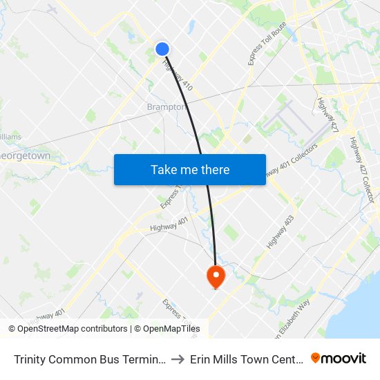 Trinity Common Bus Terminal to Erin Mills Town Centre map