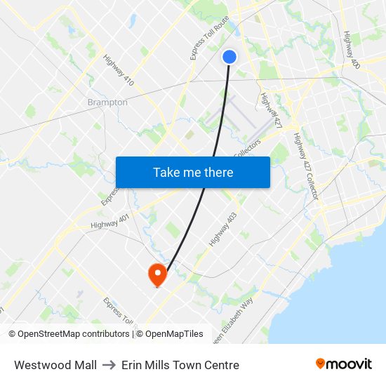 Westwood Mall to Erin Mills Town Centre map