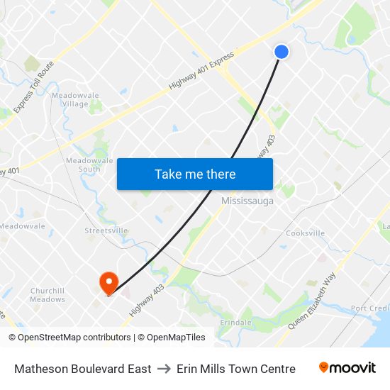 Matheson Boulevard East to Erin Mills Town Centre map