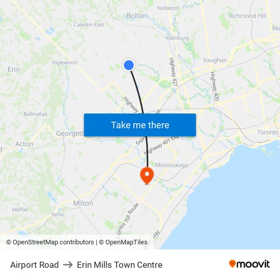 Airport Road to Erin Mills Town Centre map