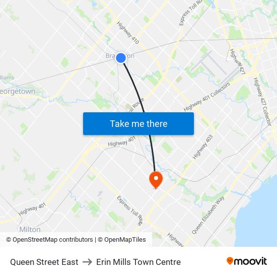 Queen Street East to Erin Mills Town Centre map