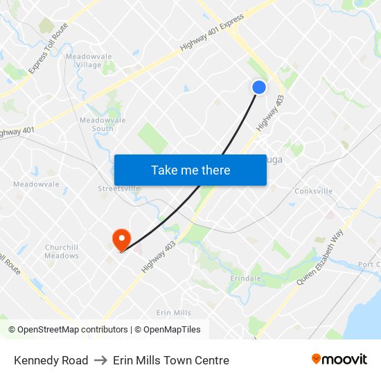 Kennedy Road to Erin Mills Town Centre map