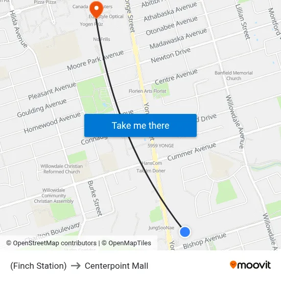 (Finch Station) to Centerpoint Mall map