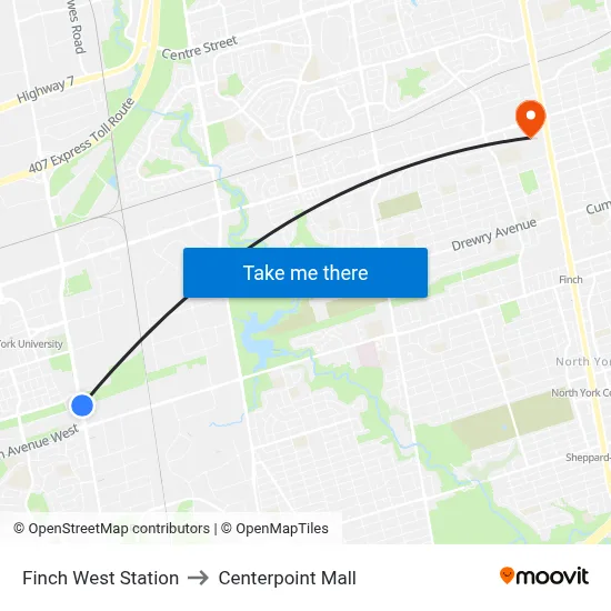 Finch West Station to Centerpoint Mall map