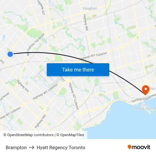 Brampton to Hyatt Regency Toronto map