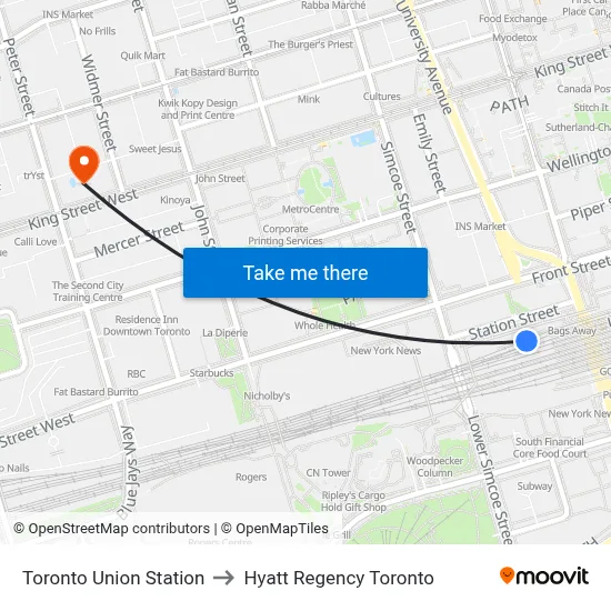 Toronto Union Station to Hyatt Regency Toronto map