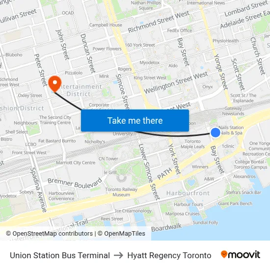Union Station Bus Terminal to Hyatt Regency Toronto map