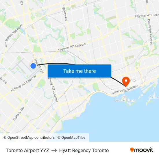 Toronto Airport YYZ to Hyatt Regency Toronto map