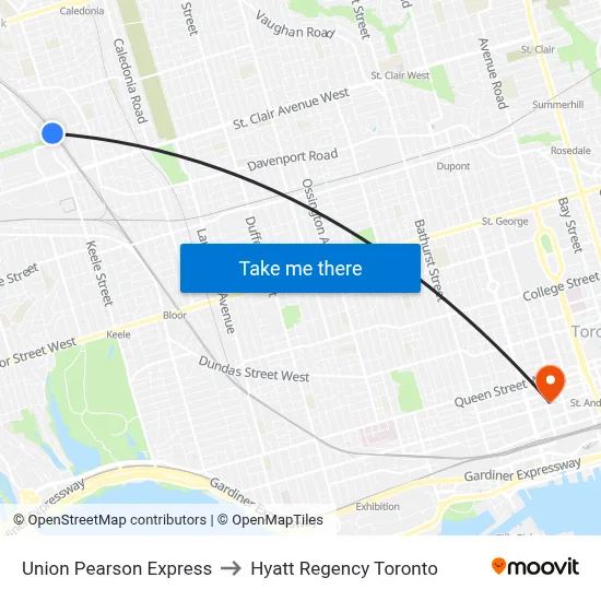 Union Pearson Express to Hyatt Regency Toronto map