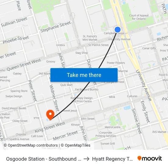 Osgoode Station - Southbound Platform to Hyatt Regency Toronto map