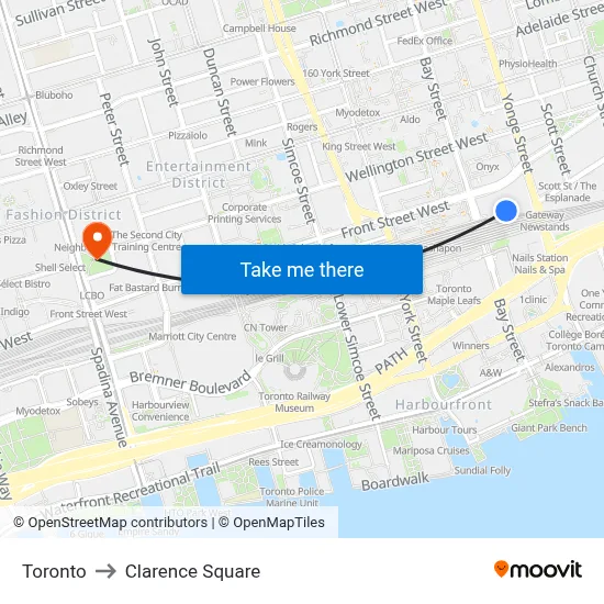 Toronto to Clarence Square map