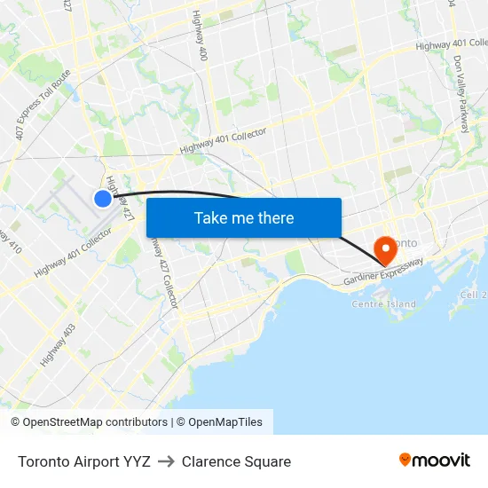 Toronto Airport YYZ to Clarence Square map