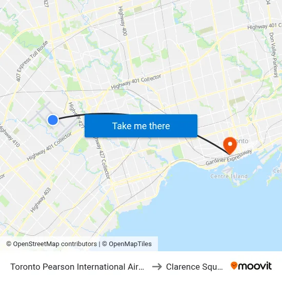 Toronto Pearson International Airport to Clarence Square map