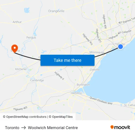 Toronto to Woolwich Memorial Centre map