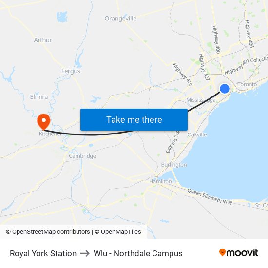 Royal York Station to Wlu - Northdale Campus map