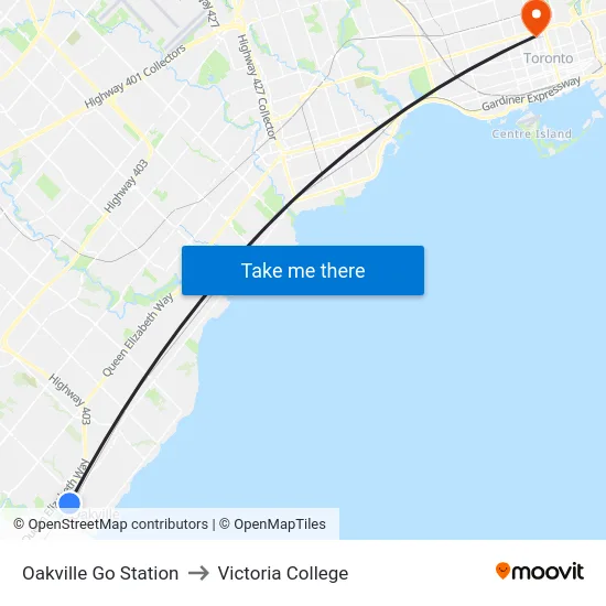 Oakville Go Station to Victoria College map