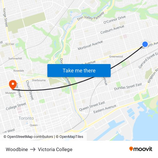 Woodbine to Victoria College map