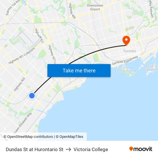 Dundas St at Hurontario St to Victoria College map