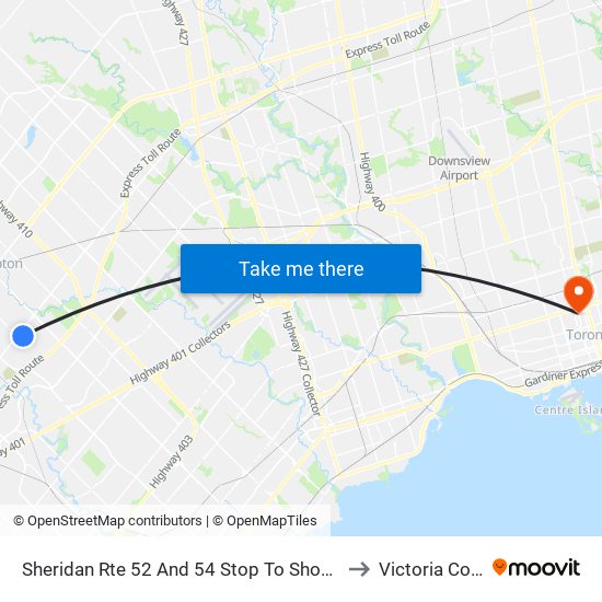 Sheridan Rte 52 And 54 Stop To Shoppers World to Victoria College map
