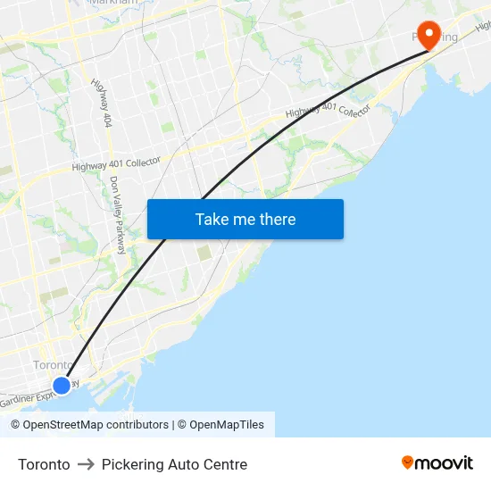 Toronto to Pickering Auto Centre map