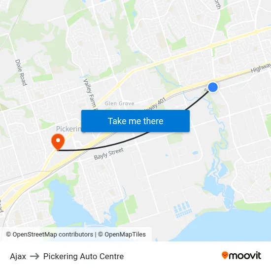 Ajax to Pickering Auto Centre map