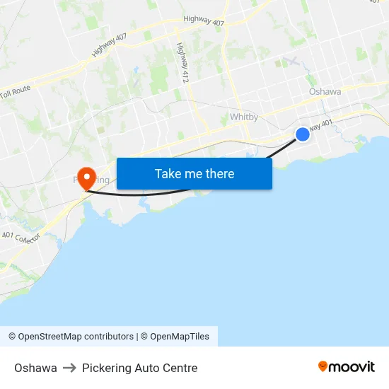Oshawa to Pickering Auto Centre map