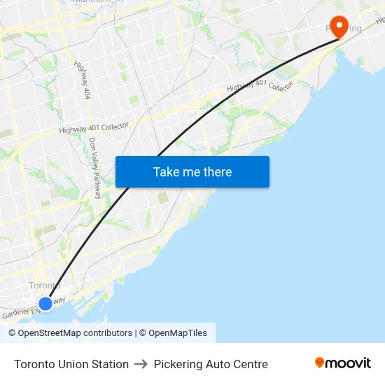 Toronto Union Station to Pickering Auto Centre map